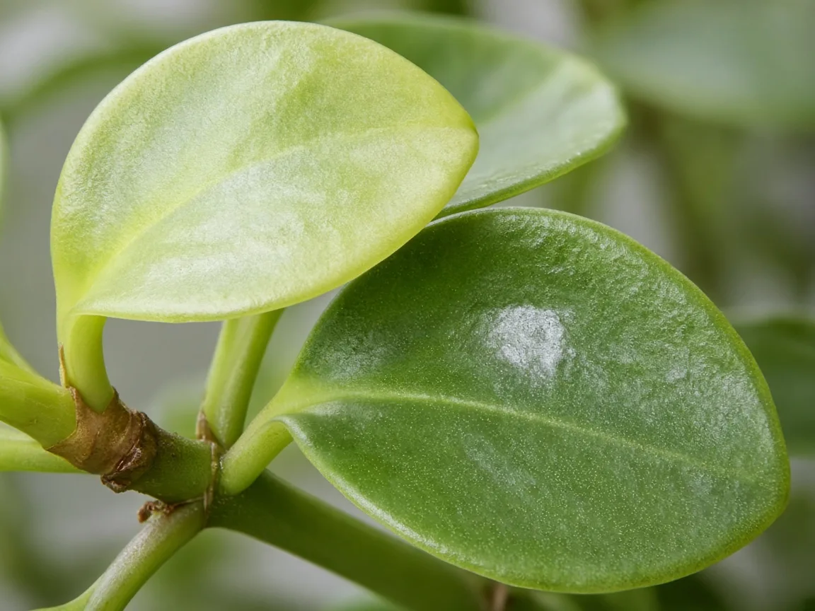 Close-up of Pale Leaves on Baby Rubber Plant - diagnostic detail