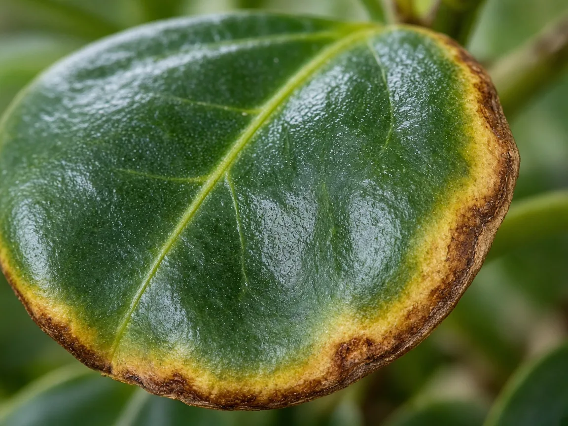 Close-up of yellow-tan scorch along the outer margin of an older Baby Rubber Plant thick glossy oval leaf with plump green interior tissue