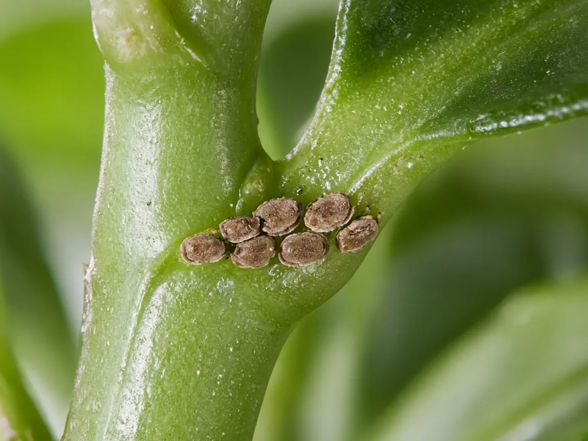 Close-up of tan scale insect bumps on a Baby Rubber Plant fleshy stem and petiole joint