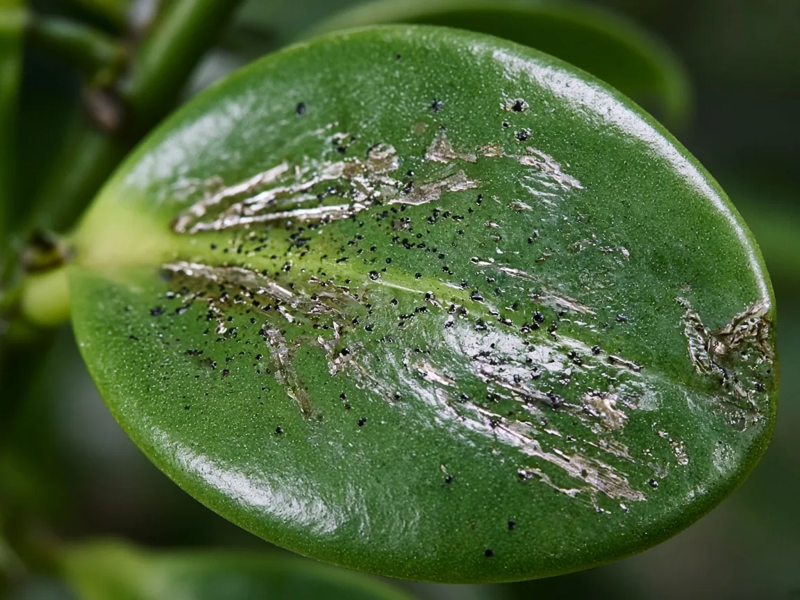 Close-up of silvery thrips scrape marks and black frass on Baby Rubber Plant glossy leaf