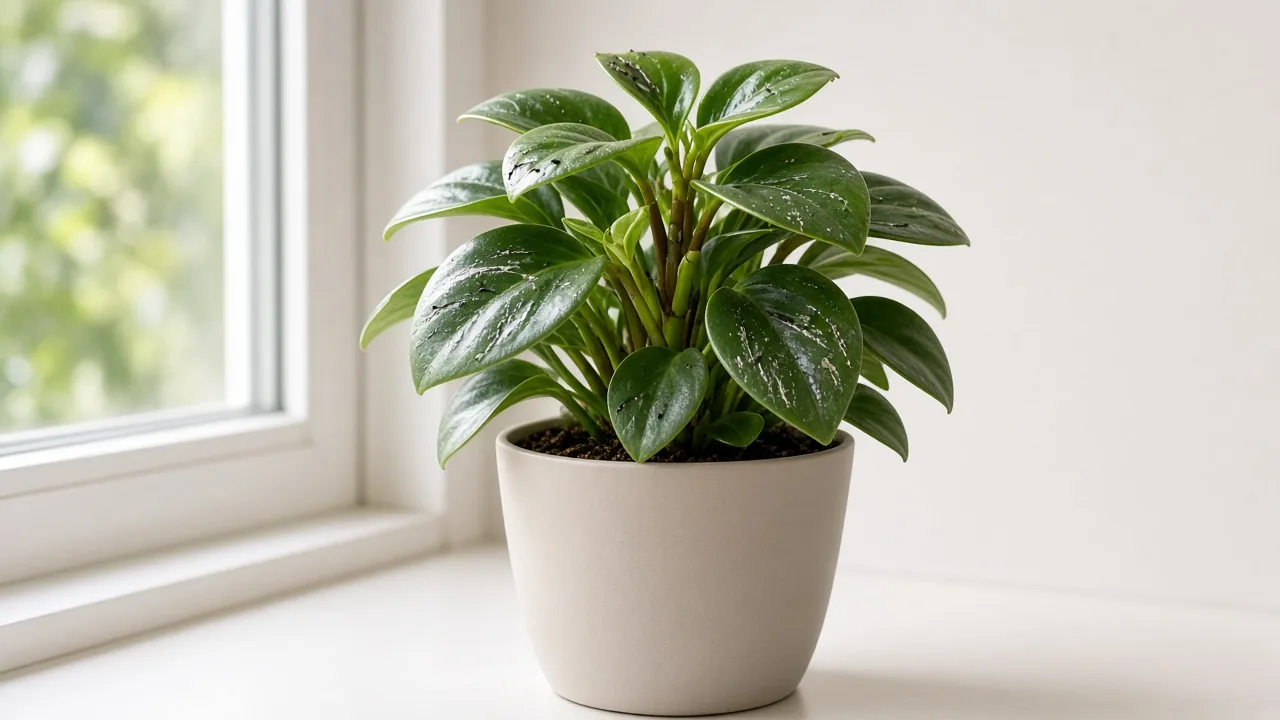 Thrips on Baby Rubber Plant - silvery scrape marks on thick glossy Peperomia obtusifolia leaves