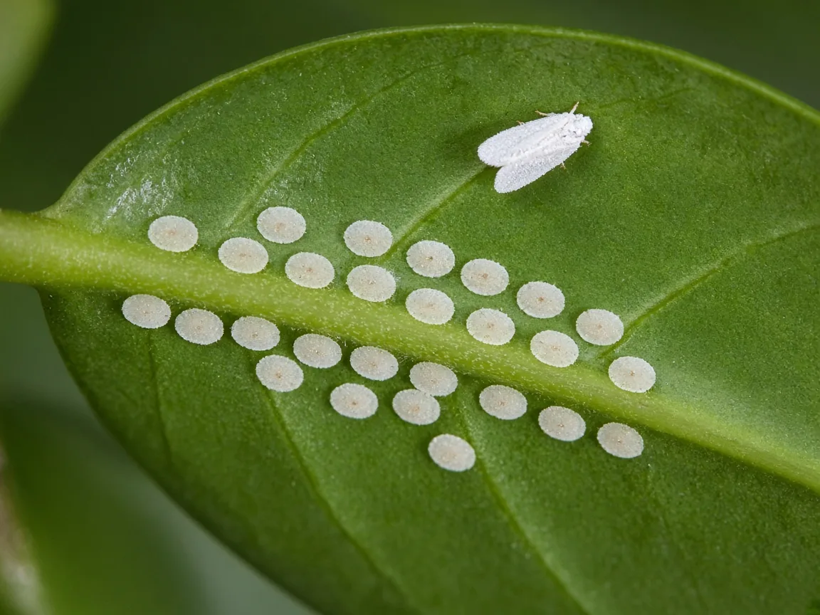 Close-up of whitefly nymph disks on the underside of a thick baby rubber plant leaf