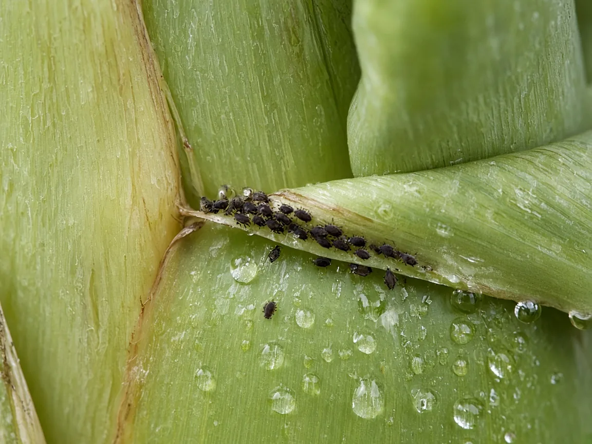 Close-up of aphids on Banana - dark aphid colony on pseudostem leaf sheath and emerging cigar leaf with shiny honeydew
