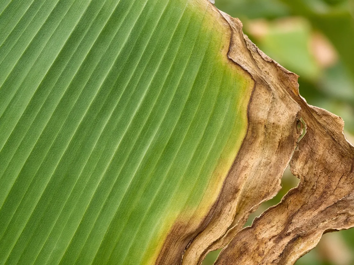 Close-up of brown tips on Banana paddle leaf margins