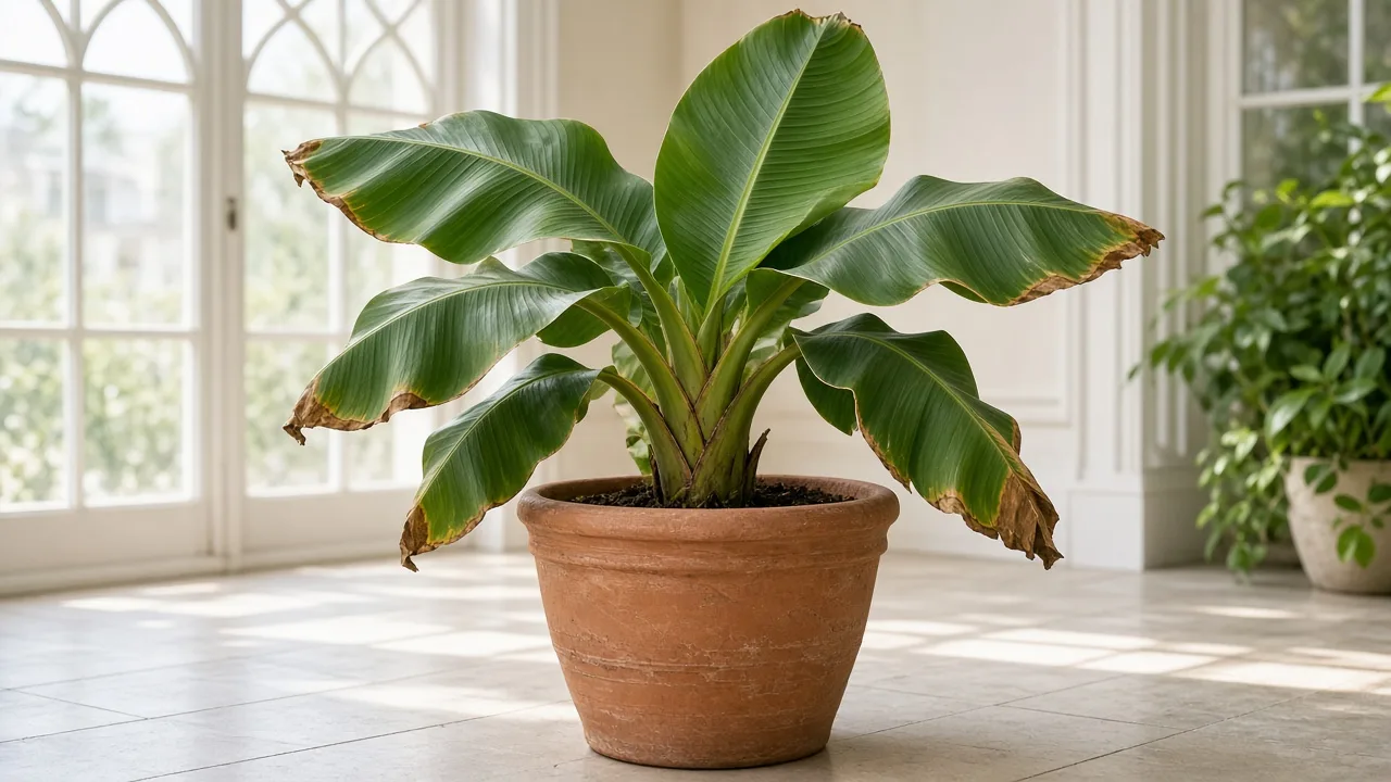 Brown tips on Banana - tan crispy margins on large paddle leaves of a container-grown Musa acuminata