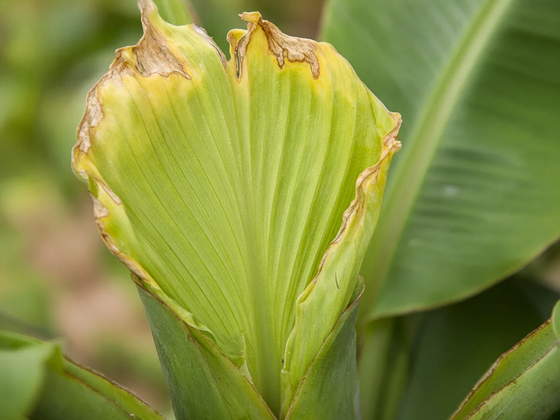 Close-up of calcium deficiency on Banana - chlorotic torn margin on newest unfurling paddle leaf