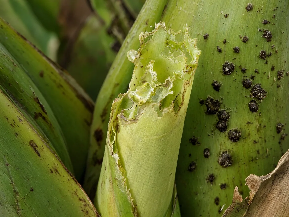 Close-up of caterpillars on Banana - ragged chew marks and dark frass on the emerging cigar leaf tucked between overlapping pseudostem sheaths