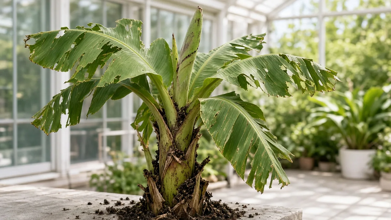 Caterpillars on Banana - ragged chew marks and dark frass on the emerging cigar leaf and pseudostem sheaths of a container Musa acuminata