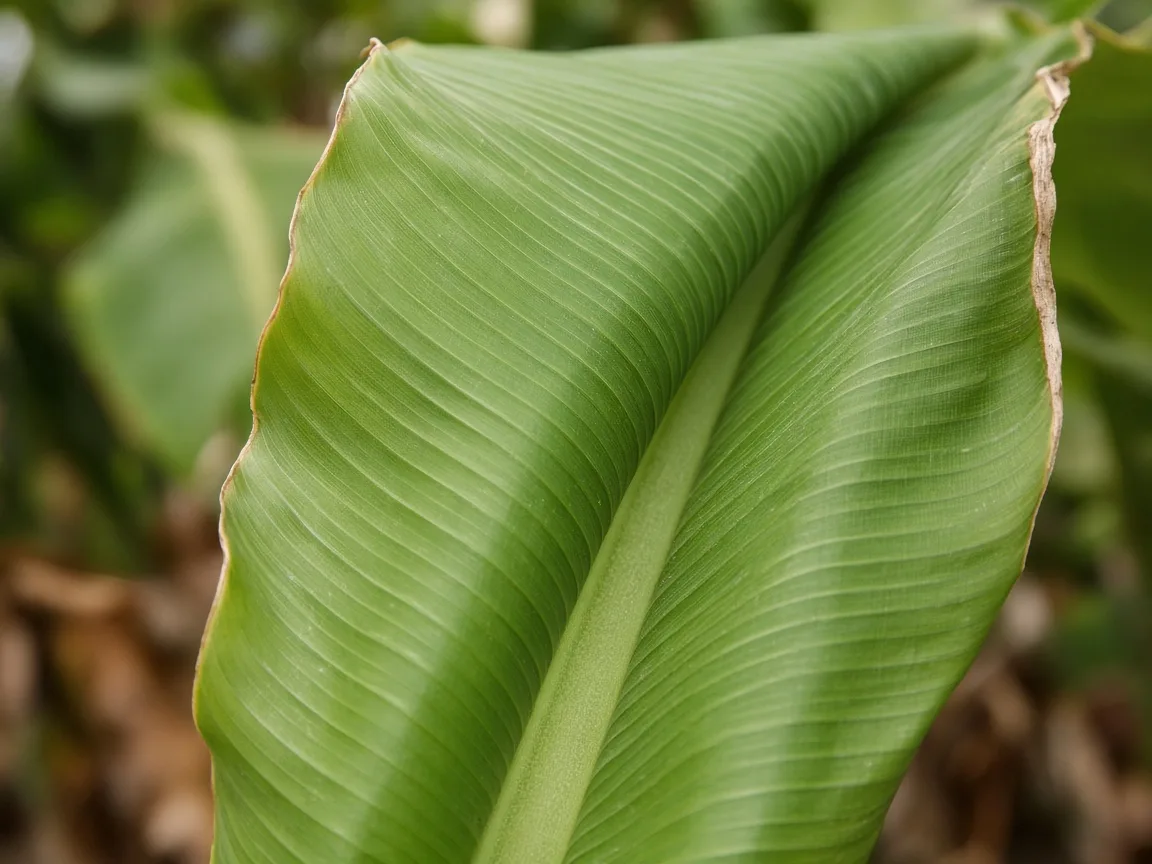 Close-up of curling leaves on Banana - drought-folded midrib on a paddle leaf with firm green tissue still attached to the pseudostem