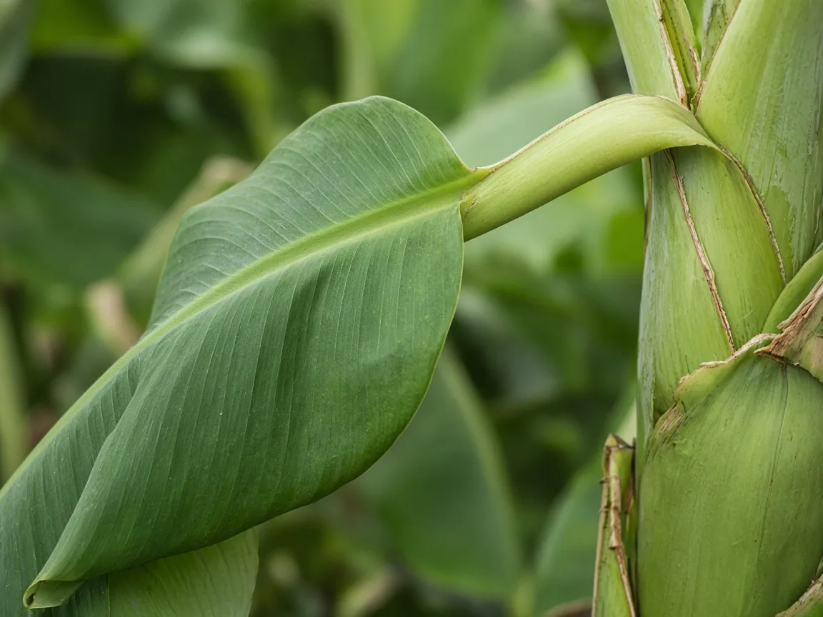 Close-up of drooping leaves on Banana - folded paddle margins and limp petiole angle