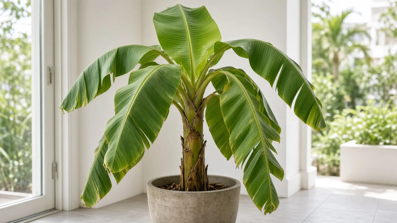 Drooping leaves on Banana - broad paddle leaves folding downward on a container banana plant with firm pseudostem