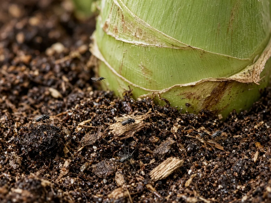 Close-up of fungus gnats on damp mulch at the base of a Banana pseudostem