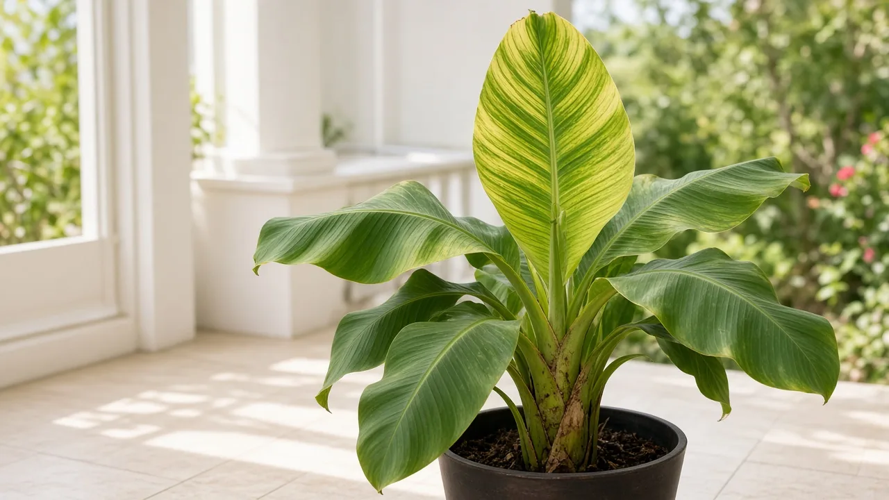 Iron deficiency on Banana - pale new paddle leaf with green veins emerging from pseudostem