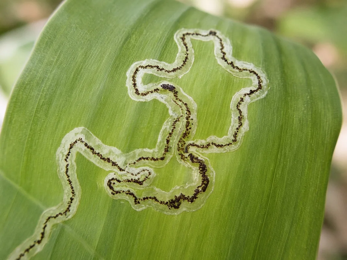 Close-up of leaf miners on Banana - serpentine pale tunnel with dark frass line inside a backlit Musa paddle leaf