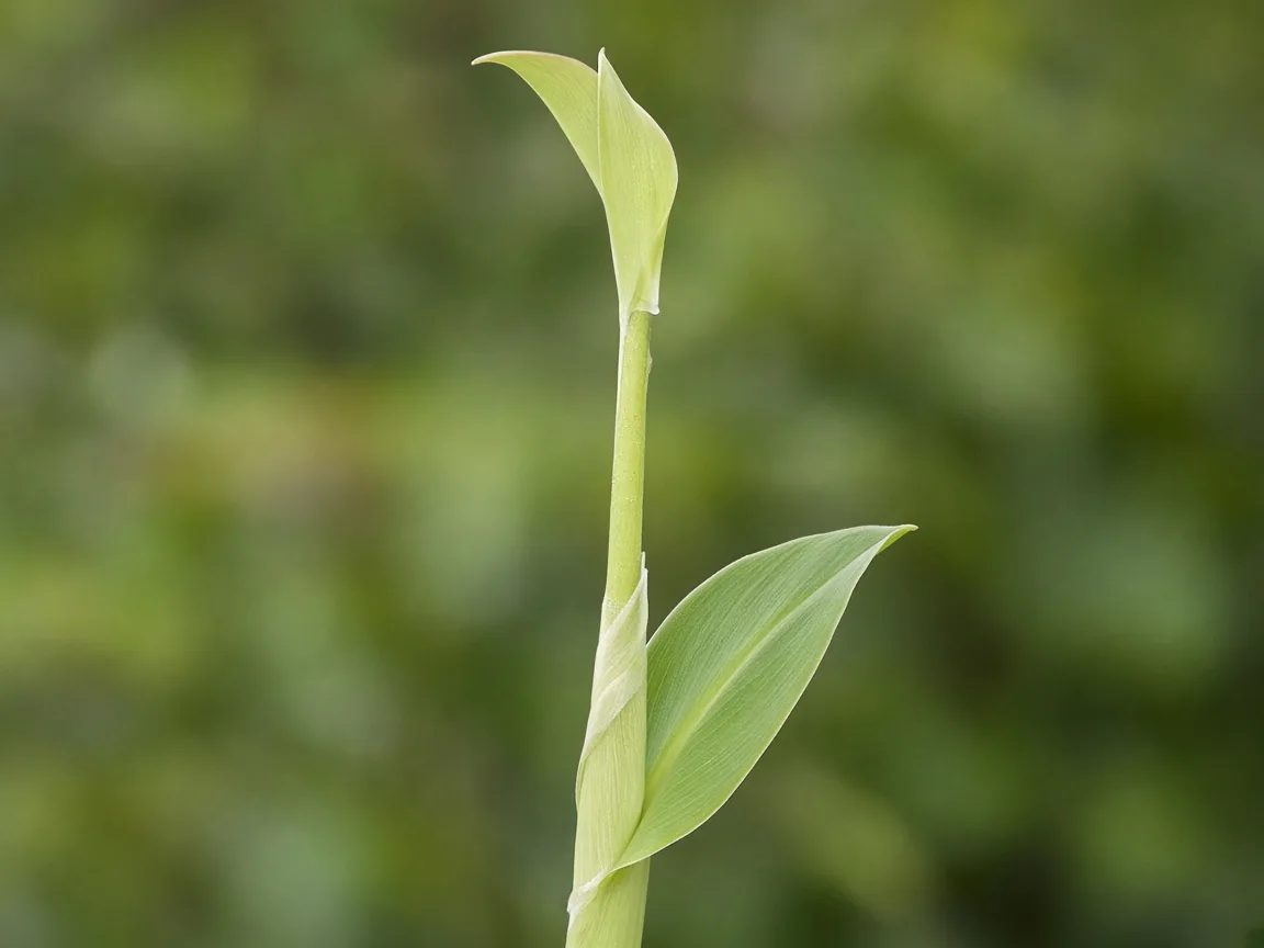 Close-up of long thin pseudostem section with undersized paddle leaves spaced far apart on a stretched Banana plant