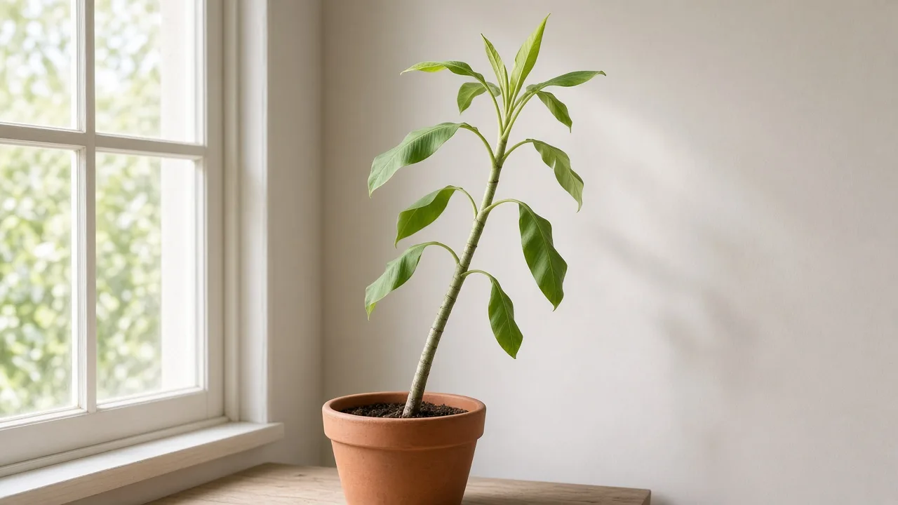 Leggy growth on Banana - tall thin pseudostem leaning toward a window with undersized paddle leaves on a container Musa acuminata