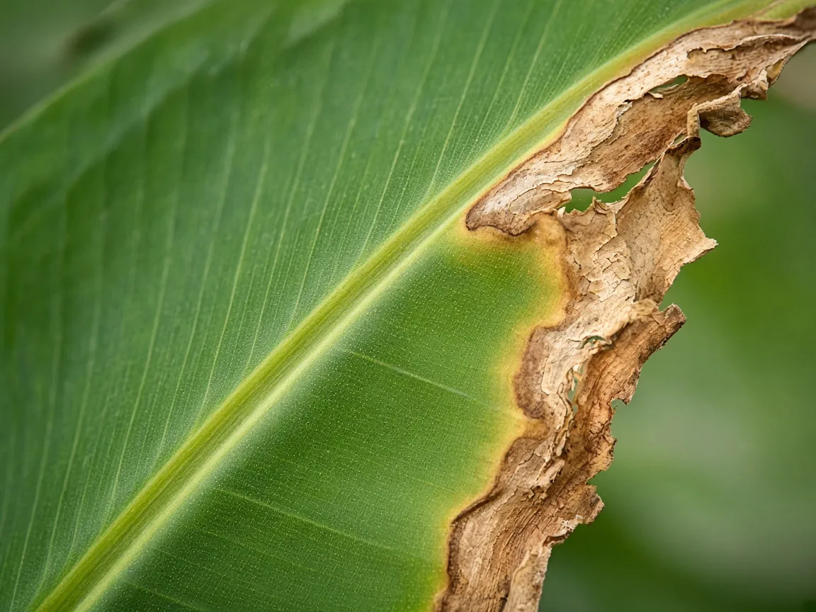 Close-up of low humidity on Banana - papery brown margins on a huge paddle leaf