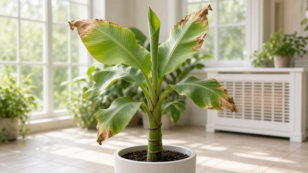 Low humidity on Banana - crispy brown margins on large paddle leaves of a container-grown Musa acuminata beside a winter heating vent