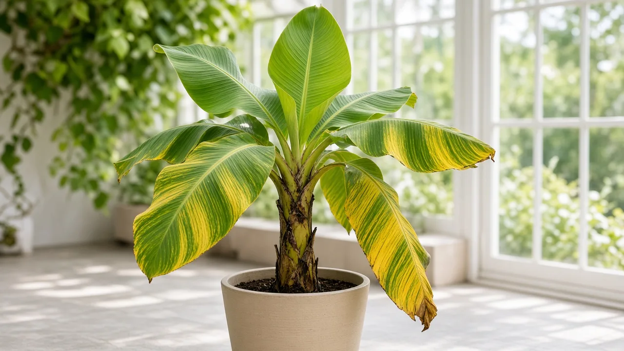 Magnesium deficiency on Banana - yellow interveinal chlorosis with green banding on older paddle leaves