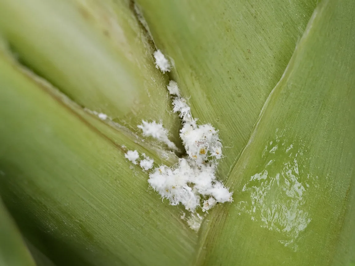 Close-up of mealybugs on Banana - white cottony wax clusters in a pseudostem leaf sheath axil with sticky honeydew on the adjacent paddle edge