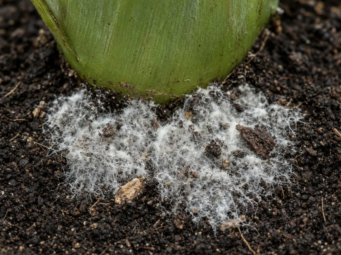 Close-up of mold on soil on Banana - white fuzzy mycelium on damp compost-rich potting mix at the pseudostem base