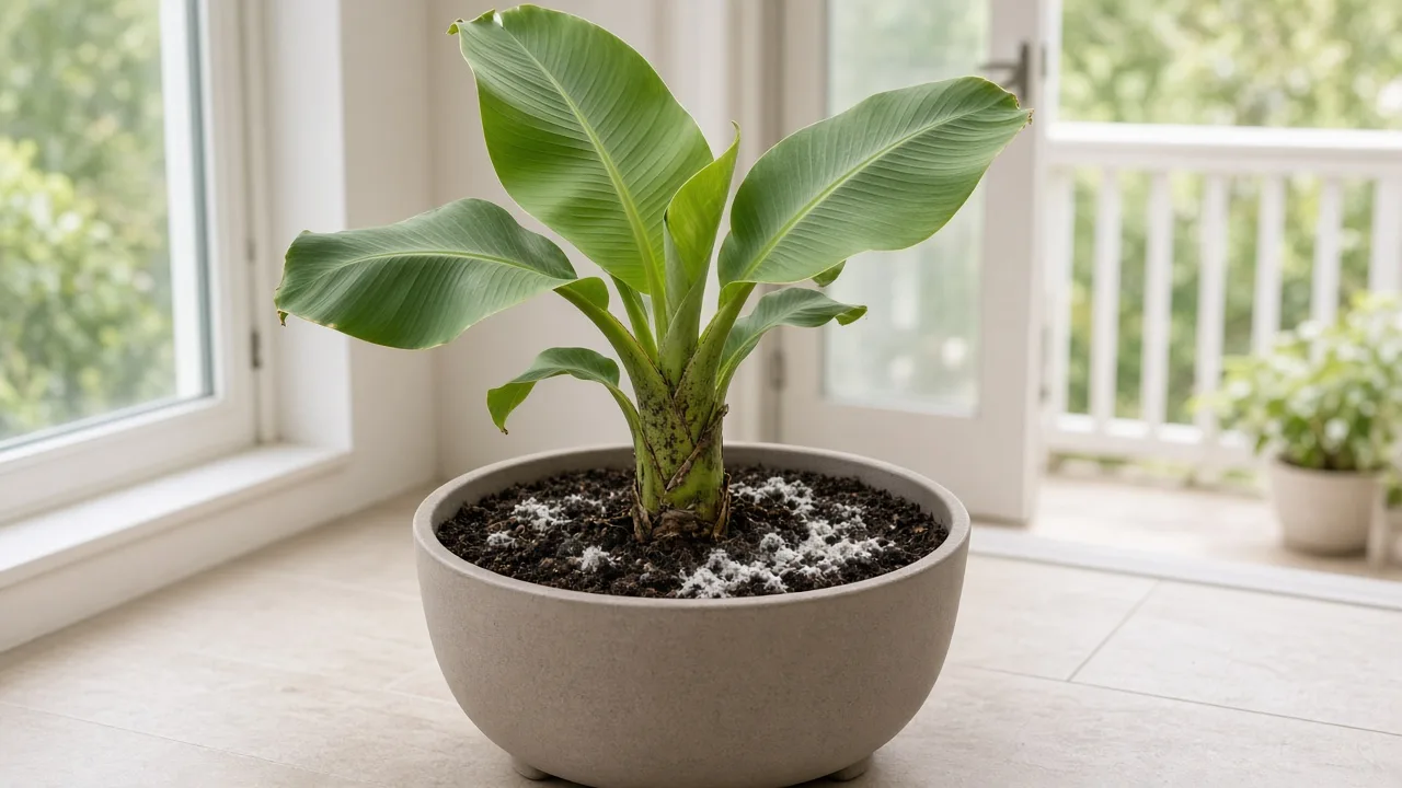 Mold on soil on Banana - white fuzzy saprophytic growth on moist compost-rich potting mix around a container Musa acuminata pseudostem