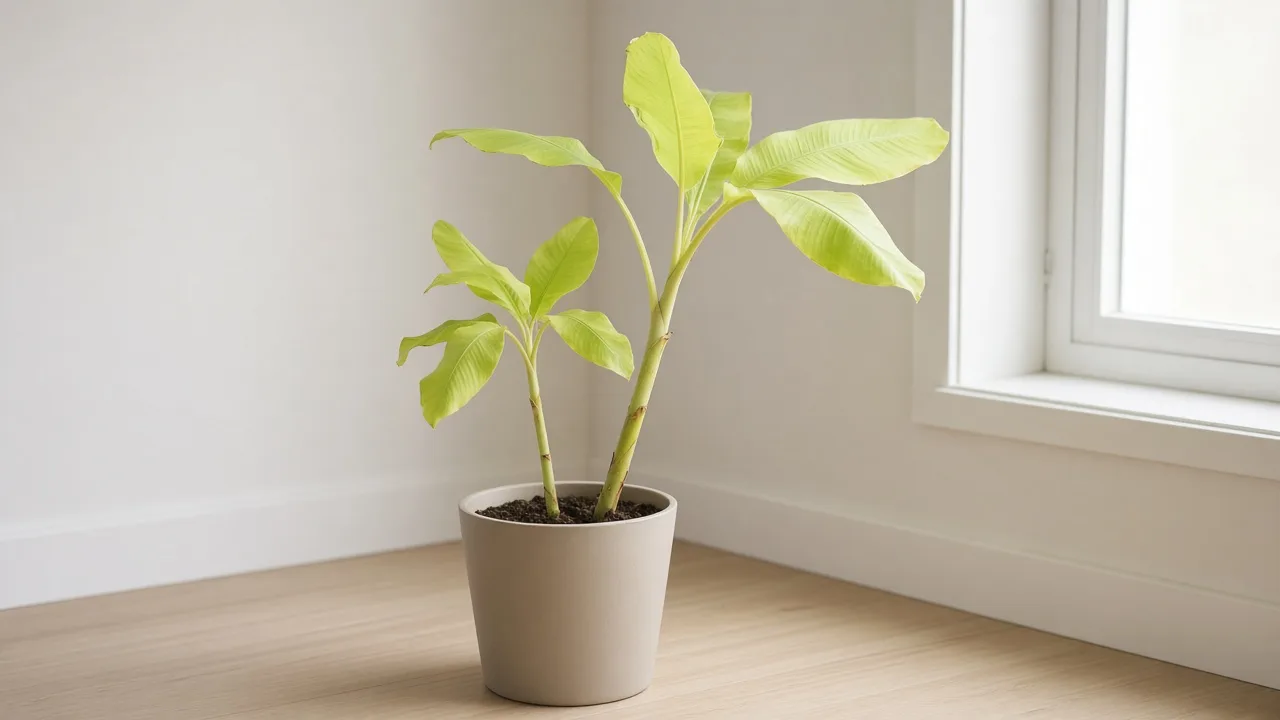 Not enough light on Banana - pale stretched paddle leaves leaning toward a bright window on a container Musa acuminata