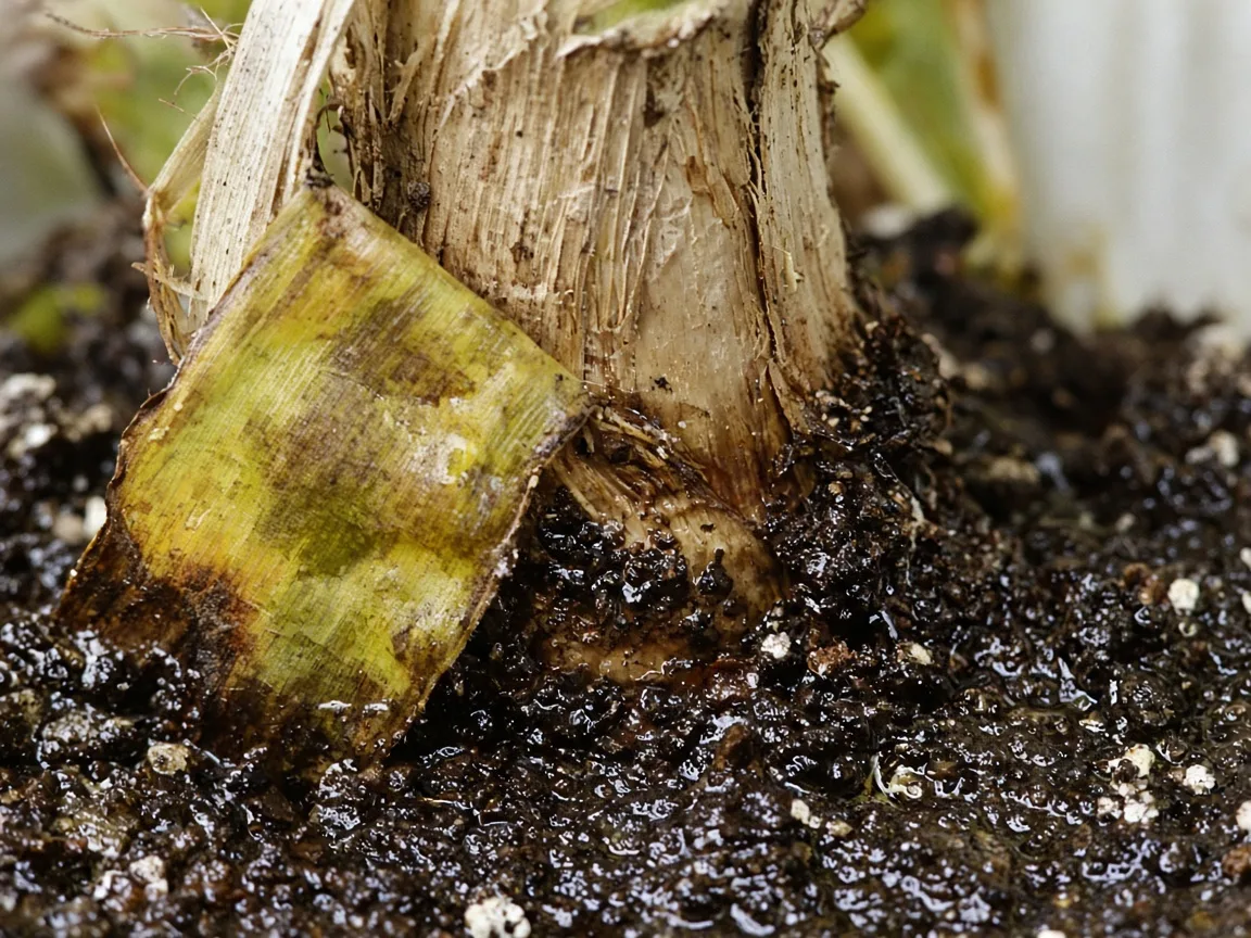 Close-up of yellowing lower paddle leaf and damp heavy soil at banana pseudostem base