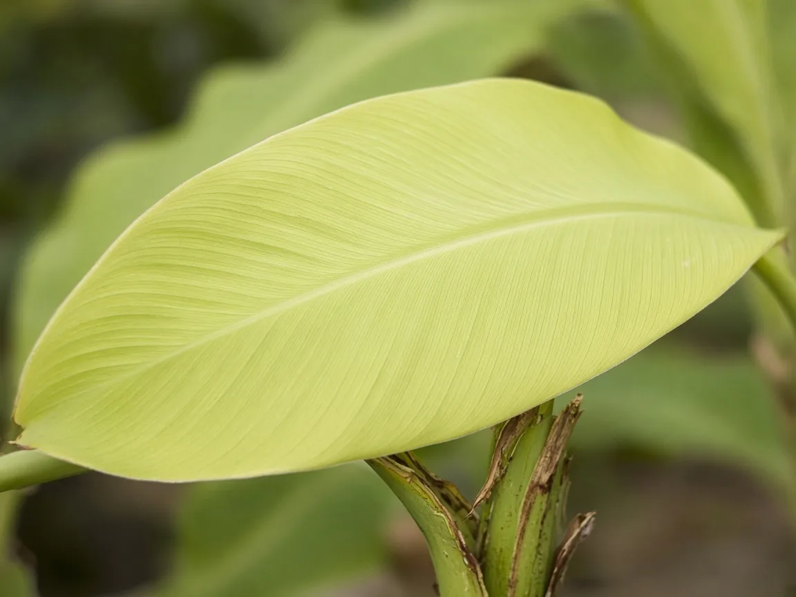 Close-up of pale washed-out yellow-green paddle leaf on a Banana pseudostem