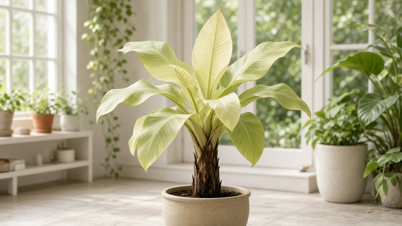 Pale Leaves on Banana - washed-out yellow-green paddle leaves on a container Musa acuminata pseudostem