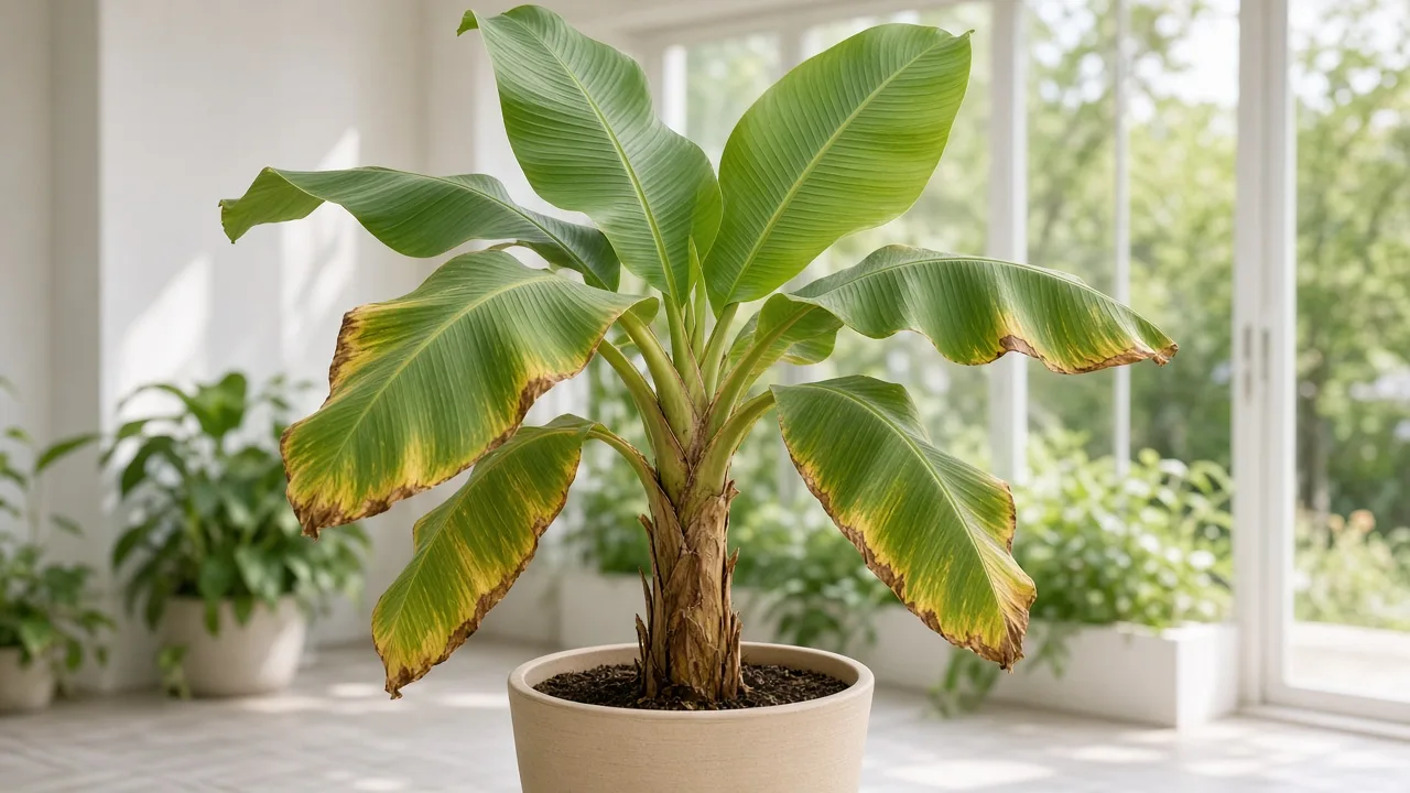 Potassium deficiency on Banana - brown scorched margins and midrib fracture on older paddle leaf