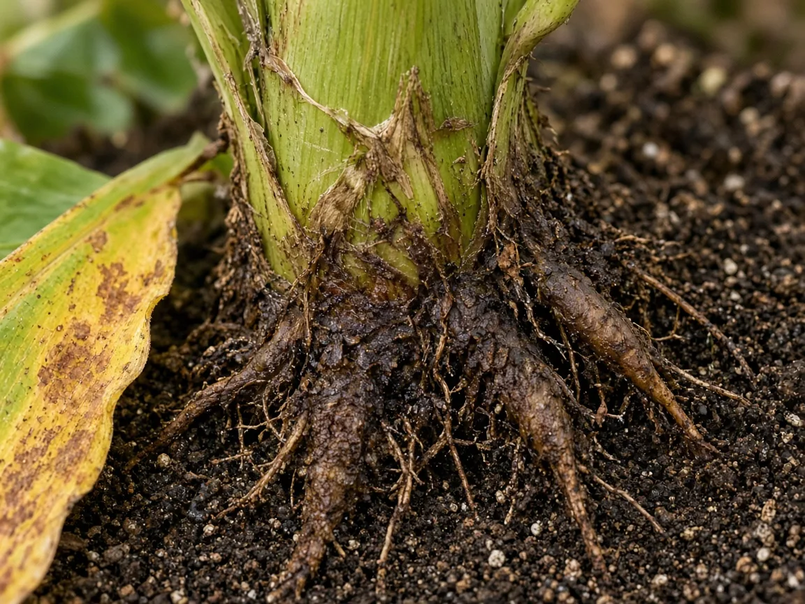 Close-up of soft darkened pseudostem base and brown mushy fibrous roots on unpotting a container banana