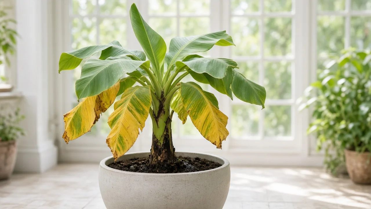 Root rot on Banana - soft pseudostem base and yellowing paddle leaves on a container-grown Musa acuminata with damp heavy soil