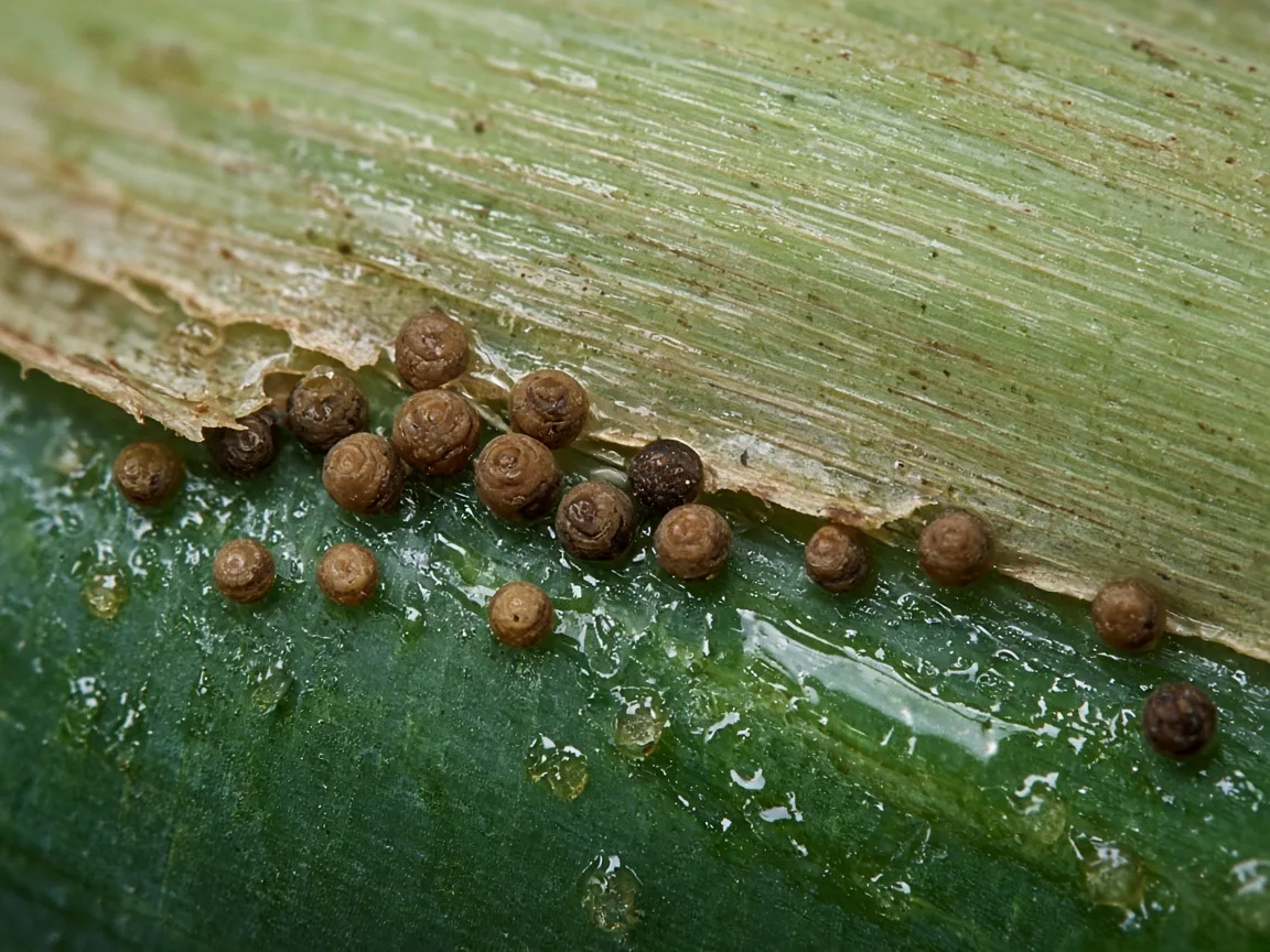 Close-up of scale insects on Banana - brown armored bumps along a pseudostem leaf sheath seam with shiny honeydew on the adjacent paddle petiole