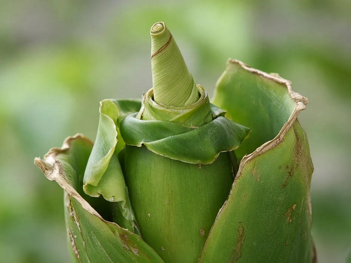 Close-up of stalled cigar leaf at Banana pseudostem crown with wide gap between undersized paddle sheaths