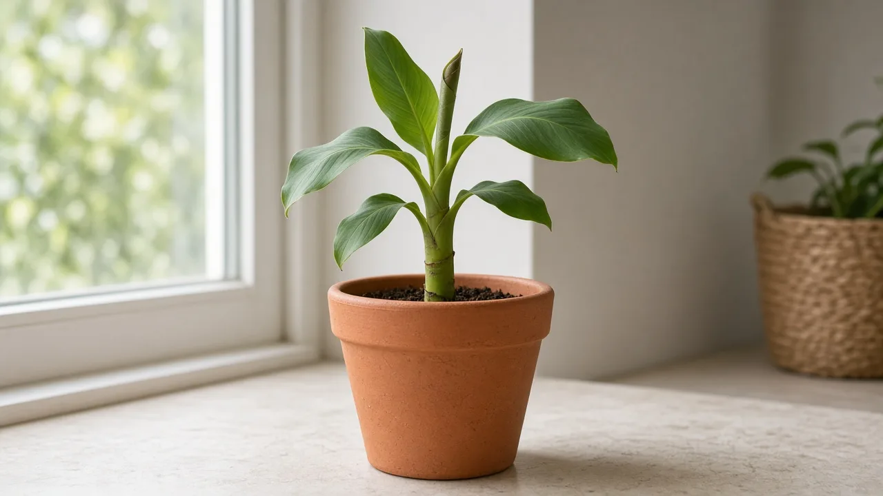 Slow growth on Banana - firm pseudostem with wide gaps between small paddle leaves and a stalled cigar leaf on container Musa acuminata
