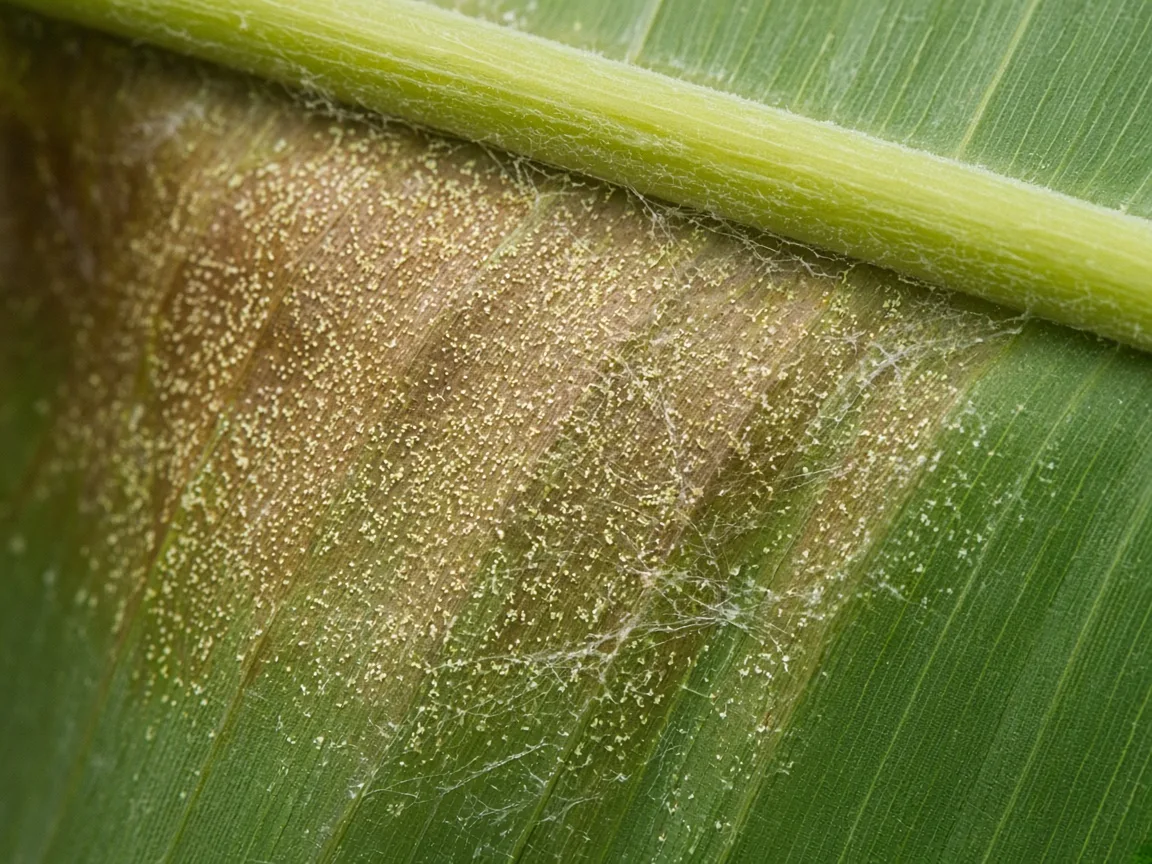Close-up of spider mites on Banana - pale stippling along a paddle midrib with fine silk webbing visible on the leaf underside