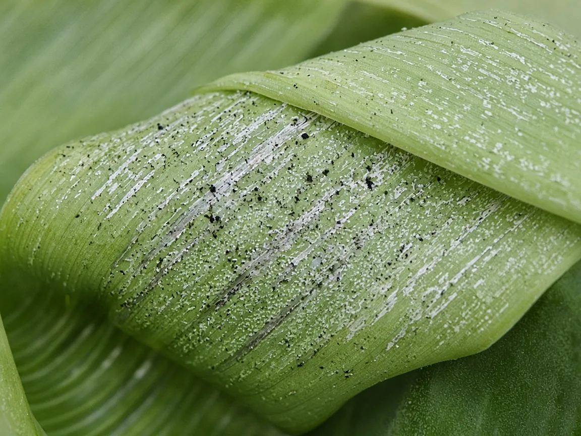 Close-up of thrips damage on Banana - silvery rasp marks and black frass specks on an unfurling cigar leaf and adjacent paddle margin
