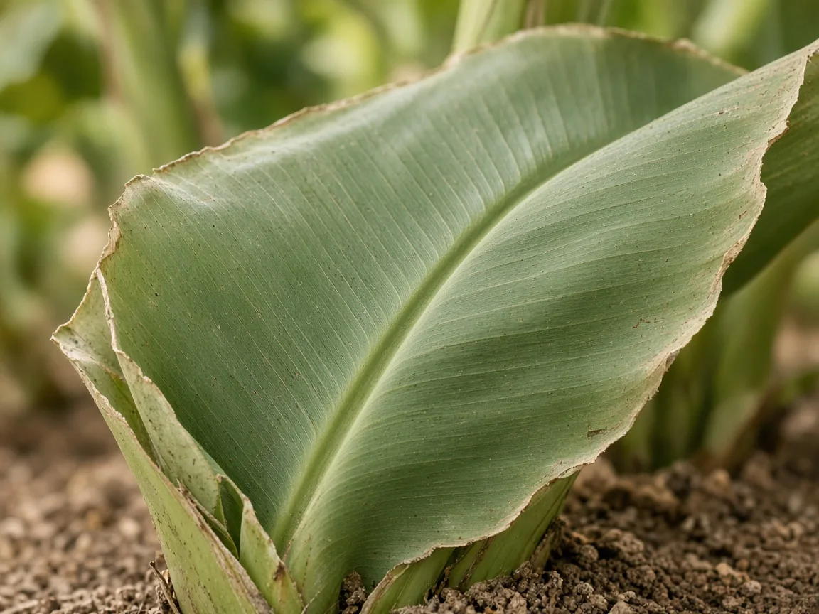Close-up of folded banana paddle leaf with pale margins and dry dusty potting mix at pseudostem base