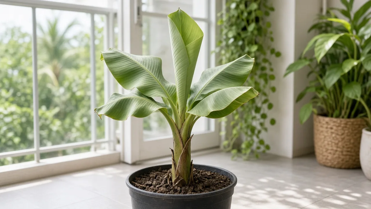 Underwatering on Banana - folded paddle leaves and dry potting mix around a firm container-grown Musa acuminata pseudostem