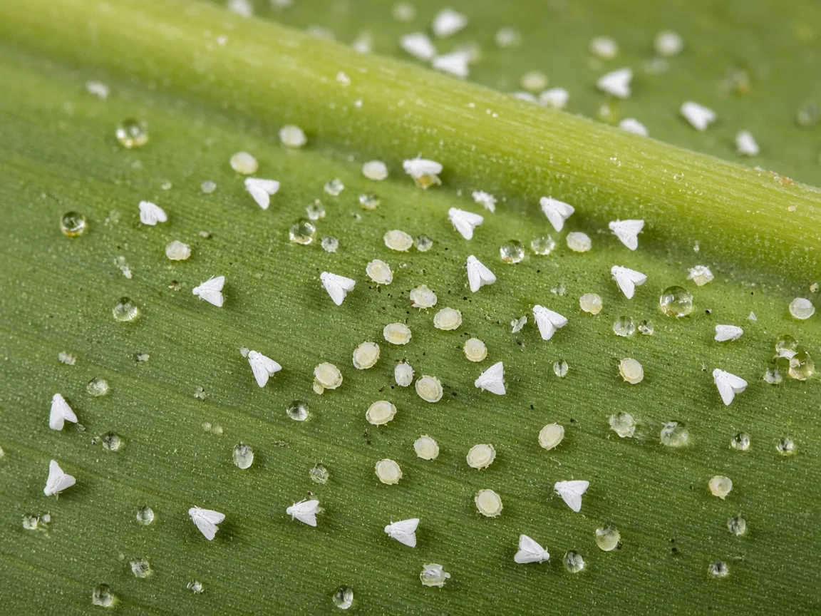 Close-up of whiteflies on Banana - whitefly adults and nymphs on paddle leaf underside with shiny honeydew