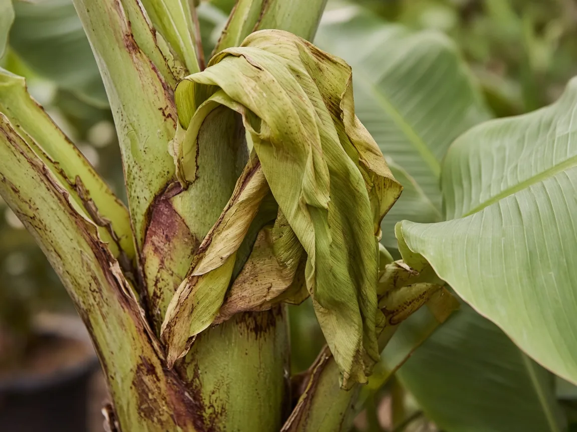 Close-up of wilting on Banana - limp cigar leaf and softened pseudostem sheath at the crown