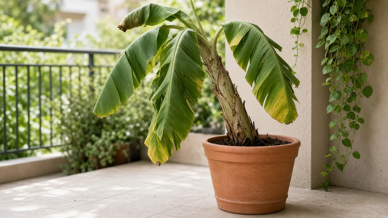 Wilting on Banana - container Musa acuminata pseudostem leaning with limp paddle leaves and collapsed cigar leaf