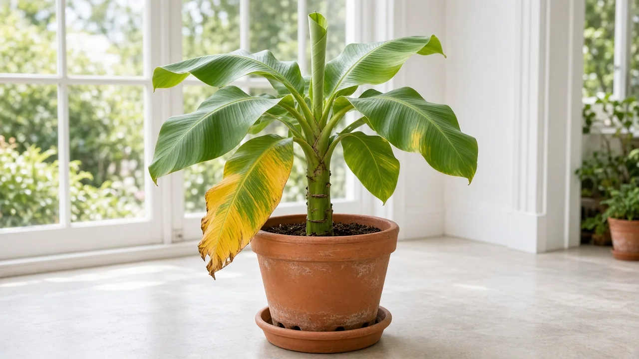 Yellow leaves on Banana - aging lower paddle leaf on a container-grown Musa acuminata pseudostem with green cigar leaf above