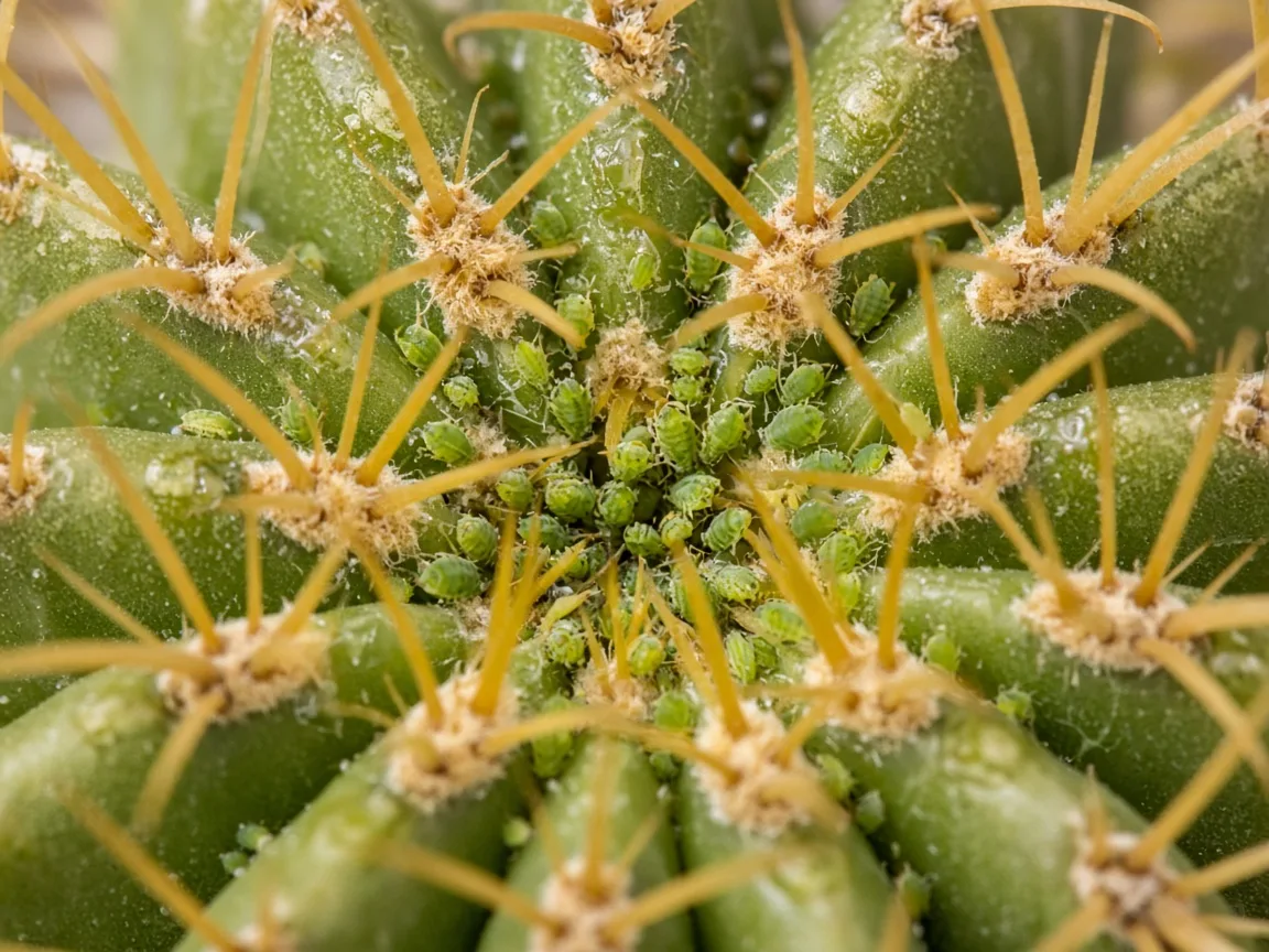 Close-up of soft green aphids clustered at a barrel cactus crown between spine areoles