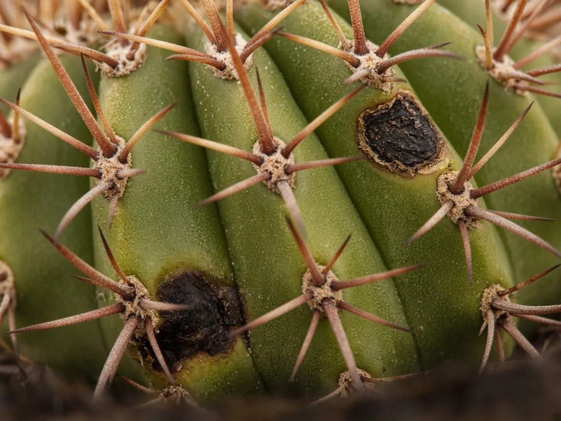 Close-up of black spots on barrel cactus ribs - diagnostic detail