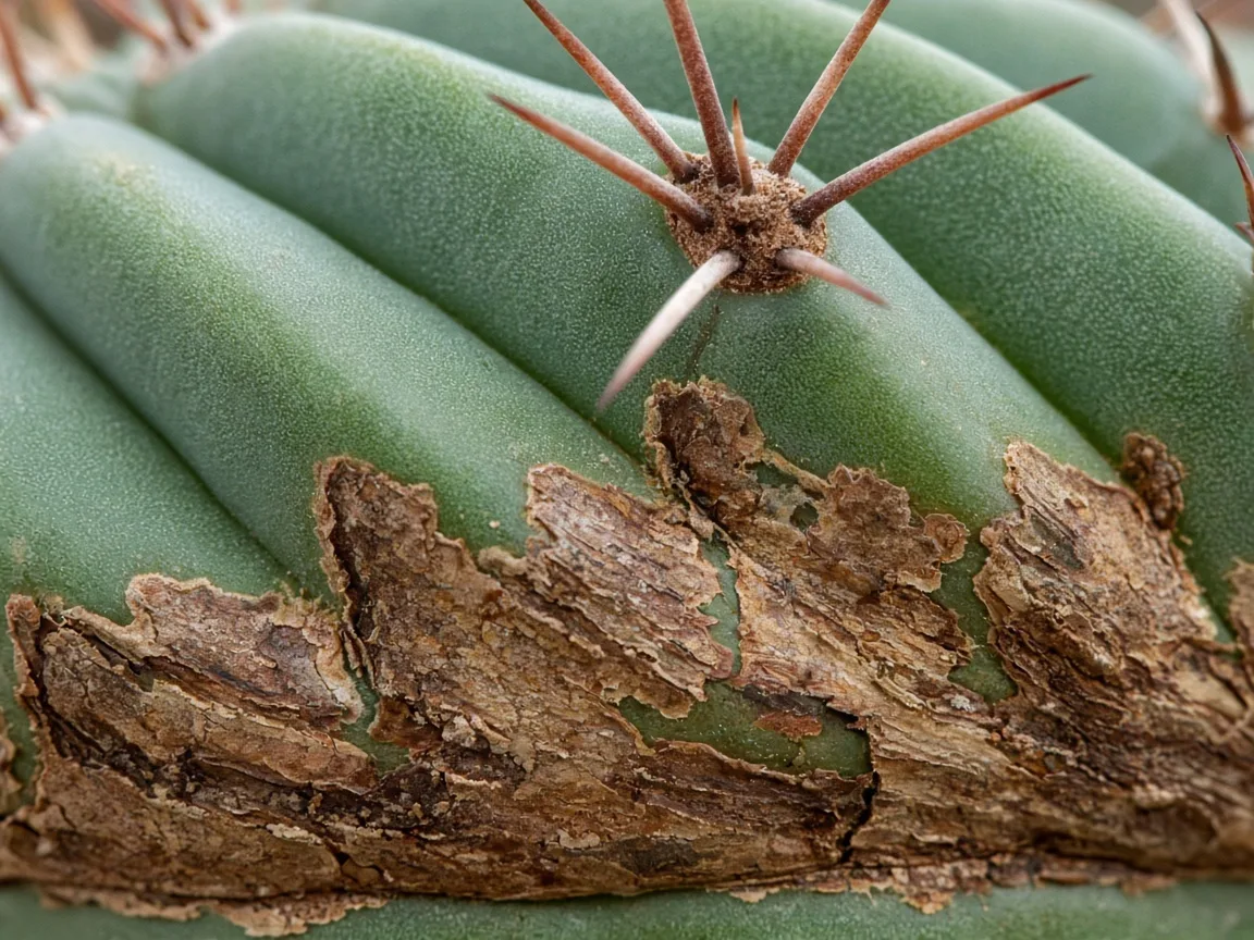 Close-up of brown corking and rib discoloration on Barrel Cactus
