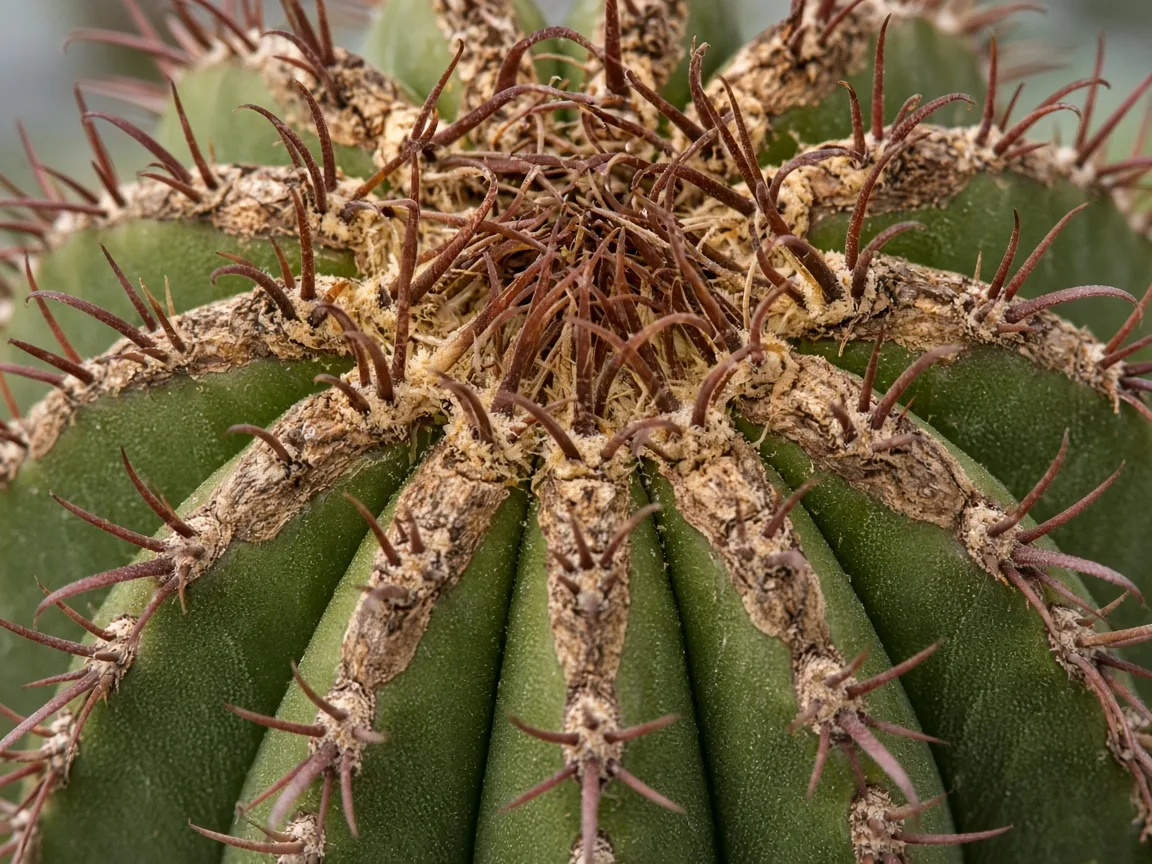 Close-up of brown tips at the crown and upper ribs of Barrel Cactus