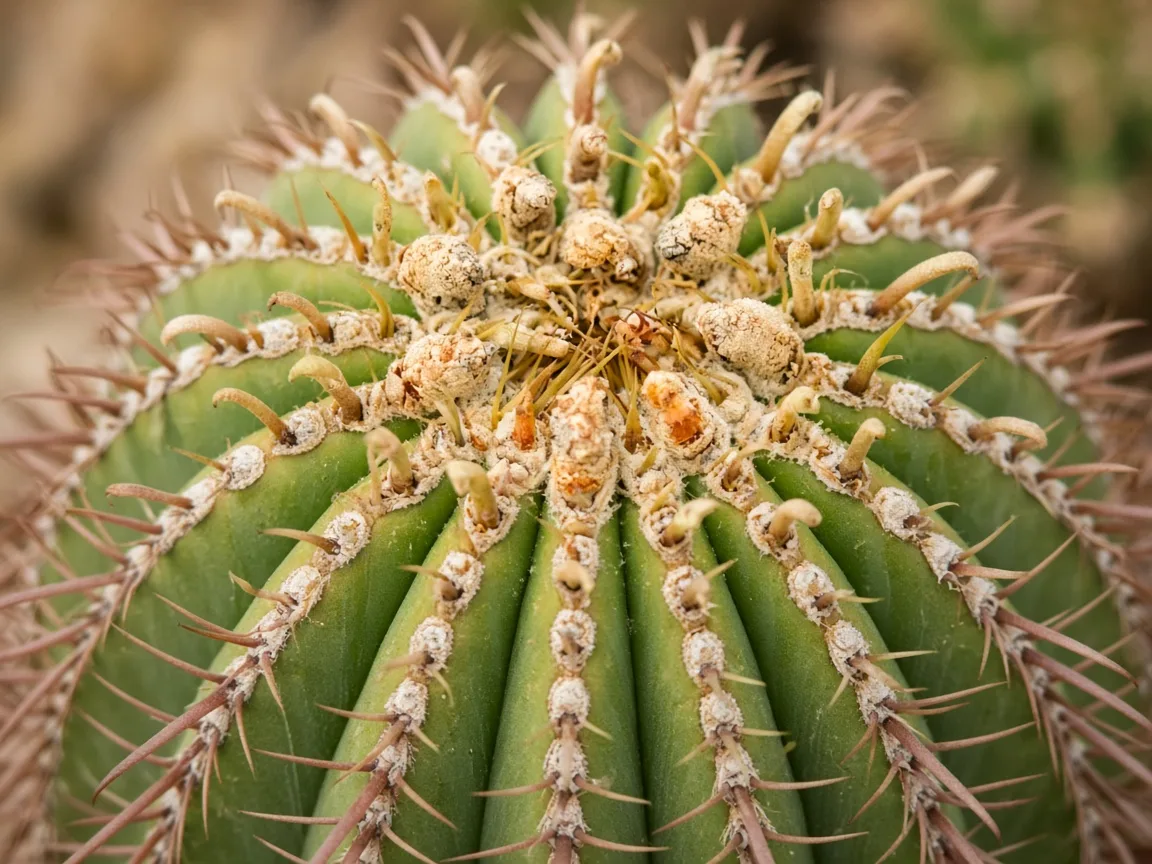 Close-up of calcium deficiency on Barrel Cactus - distorted crown areole spines