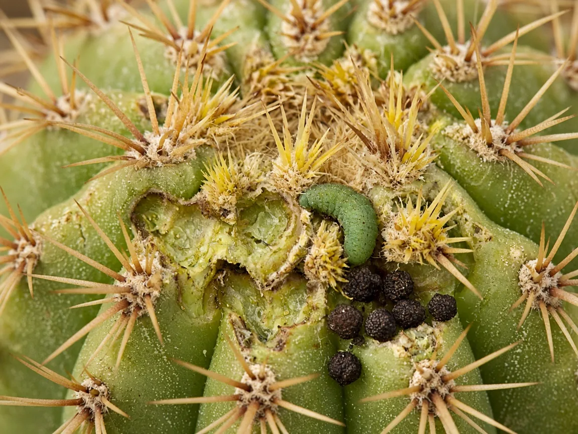 Close-up of caterpillar chew damage on Barrel Cactus crown between spine areoles